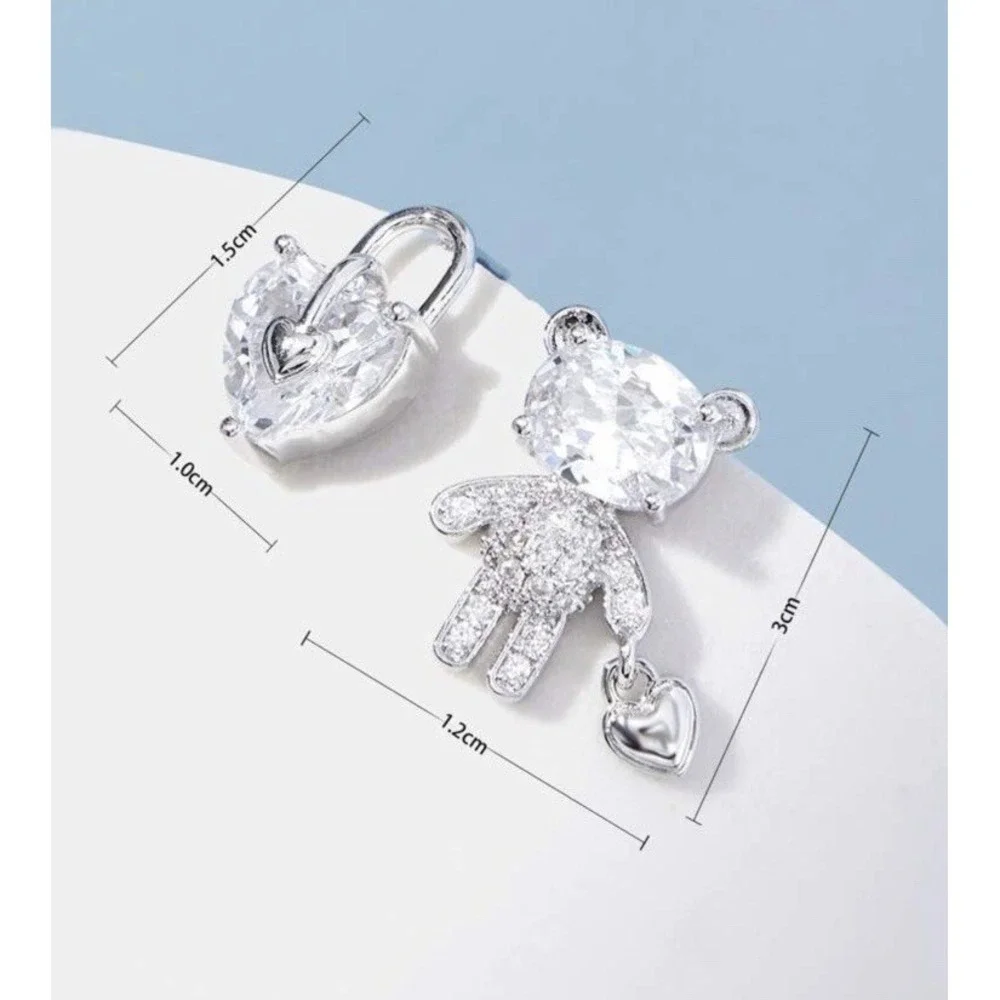 Heart & Bear Statement‎ Stud Earrings Asymmetrical Silver Accent Fine Jewelry
